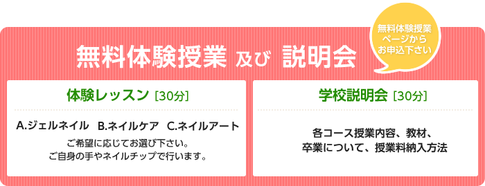 無料体験授業及び説明会 体験レッスン A.ジェルネイル B.ネイルケア C.ネイルアート ご希望に応じてお選び下さい。ご自身の手やネイルチップで行います。学校説明会 各コース授業内容、教材、卒業について、授業料納入方法